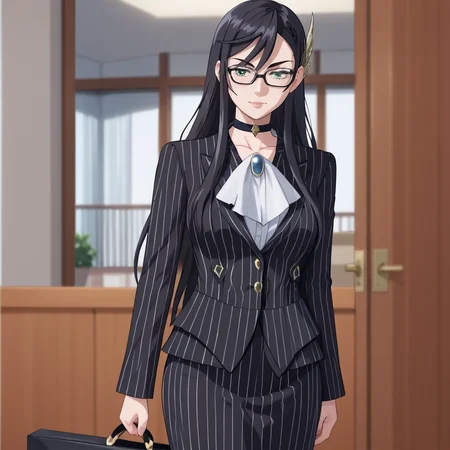 <lora:brunhilderecordofragnarok_pony_v1:.8> Brunhilde, hair ornament, 1girl, solo, black hair,  green eyes, cowboy shot,  <lora:0856 OL professional suit skirt 1_v1_pony:1> ruanyi0856,striped jacket,choker,black pantyhose,striped skirt,glasses,black skirt,pinstripe pattern