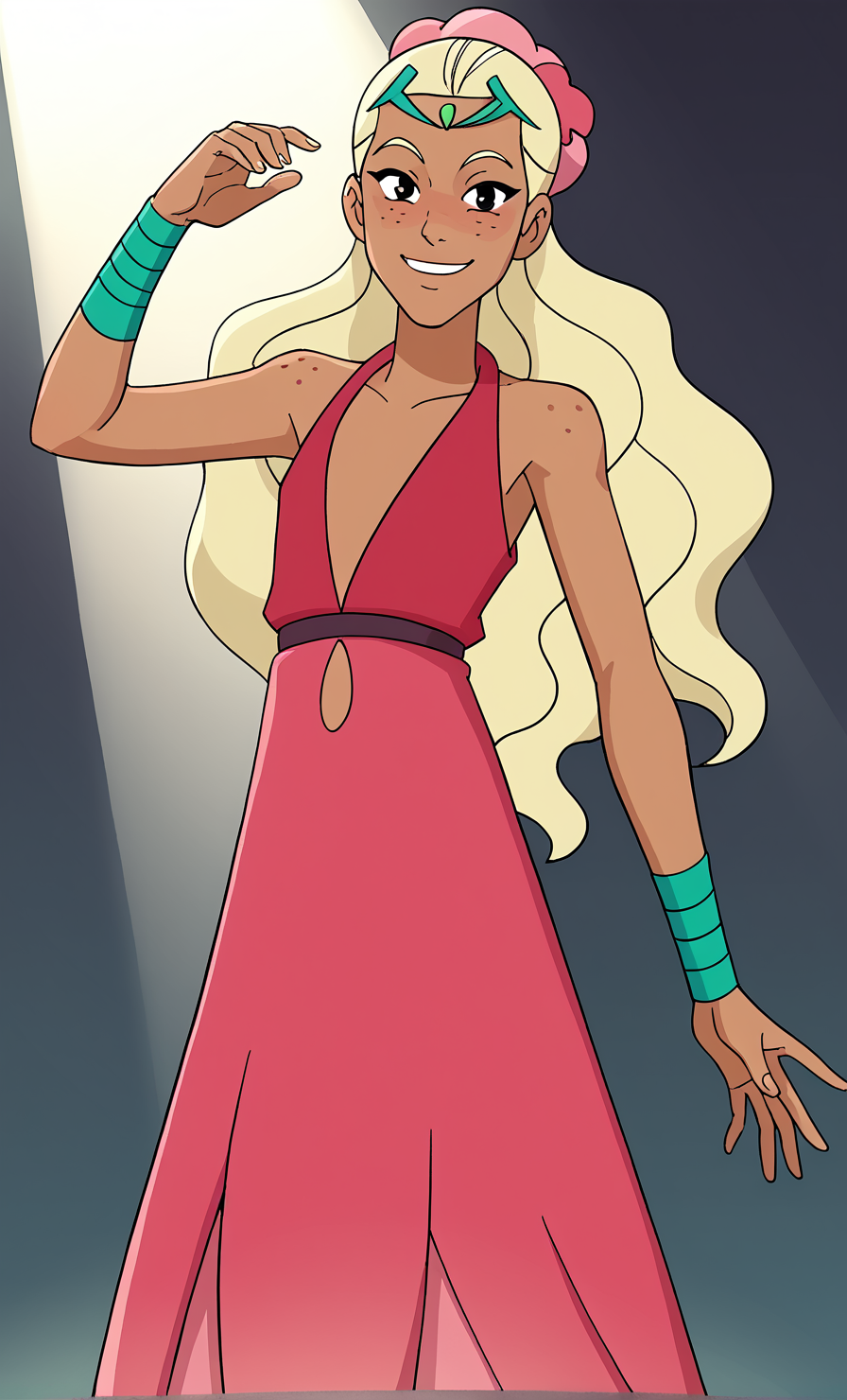 score_9, score_8_up, score_7_up, masterpiece, absurdres, BREAK
  High Quality V2, zPDXL2, Perfuma, dark skin, freckles, blonde hair, long hair, pink dress, good fingers, five fingers, flat chest, smiling, ((dancing)), (looking at viewer), spotlight<lora:zPDXL2:1>,<lora:Perfuma_of_She_Ra-000019:1>