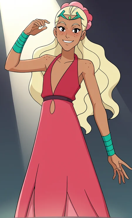 score_9, score_8_up, score_7_up, masterpiece, absurdres, BREAK
High Quality V2, zPDXL2, Perfuma, dark skin, freckles, blonde hair, long hair, pink dress, good fingers, five fingers, flat chest, smiling, ((dancing)), (looking at viewer), spotlight<lora:zPDXL2:1>,<lora:Perfuma_of_She_Ra-000019:1>