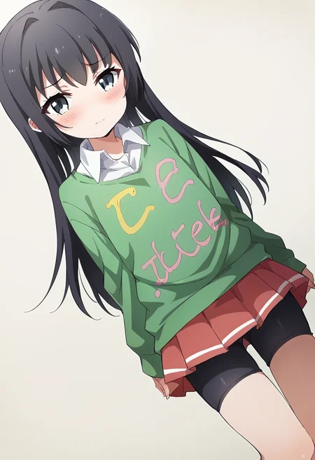 score_9, score_8_up, score_7_up, score_6_up, score_5_up, score_4_up, masterpiece, source_anime BREAK 1girl, c-ruri, flat chest, black hair, long hair, blue eyes, green sweater, white collared shirt, puffy long sleeves, red skirt, miniskirt, bike shorts under skirt, clothes writing, simple background, beige background, looking at viewer, blush, dutch angle, <lora:Rumi_Tsurumi_ver2_Pony_c:1>