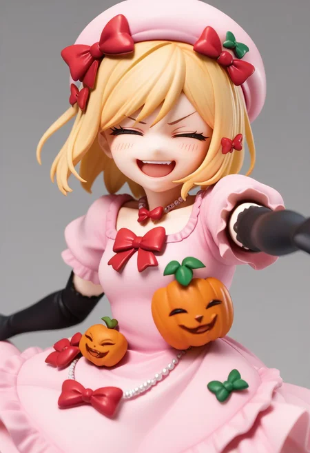 score_9, score_8_up, score_7_up, highres, absurdres, solo, 1girl, blush, smug, closed_eyes, looking_at_viewer, Rambda, blonde hair, short hair, orange eyes, hair ornament, necklace, pink hat, pink gown, red bow, short sleeves, elbow gloves, striped kneehighs, from_below, reaching_out,