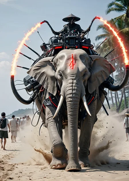 <lora:Electric Alien - Trigger is ElectAlien Artstyle:1> electalien artstyle elephant, Film still from a new movie about a group of people on a safari. is seen riding on an elephant. the scene takes place in beach front sidewalk., explosion artstyle, <lora:Blow It Up - (Trigger words are Explosion Artstyle) :.6>