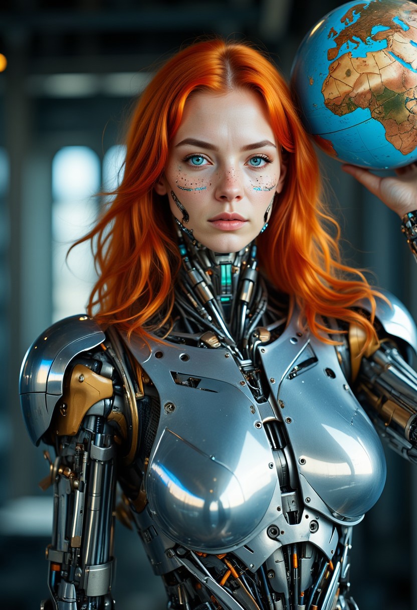 ajchrobo. A vintage photo portrait featuring a heroic, mythic female Atlas figure in a sterile, industrial sci-fi setting. The focus is on her upper body. She has a pale, stoic complexion and long, flowing, bright orange hair that arcs outward like it’s charged with static electricity. Her piercing blue eyes and determined expression are laced with glowing neon-blue circuitry patterns across her cheeks and temples. She wears a sleek but battle-worn cybernetic exosuit—silver once, now tarnished and scratched, with exposed wires, scuffed plating, and flickering tech components. In her right hand, she holds a frail, grimy, corroded Earth — no longer gleaming, but sickly, with blotchy rust tones and dim, flickering lights across its surface, like a dying machine. The composition is cinematic, with moody shadows and soft, cold blue-white backlighting casting her in a somber, epic glow. Portrait style, symmetrical framing.