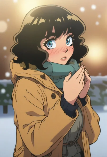 safe for work, PG13, anime screencap, (masterpiece), (4k4bur5tyl3:1.4), (digital painting, illustration), perfect eyes, eyelashes, eyebrows, blush, looking at viewer, 1girl, solo, mole under eye, perfect hands, detailed background, bokeh, winter coat, snow, depth of field, snowflake, light filtering, nose_blush