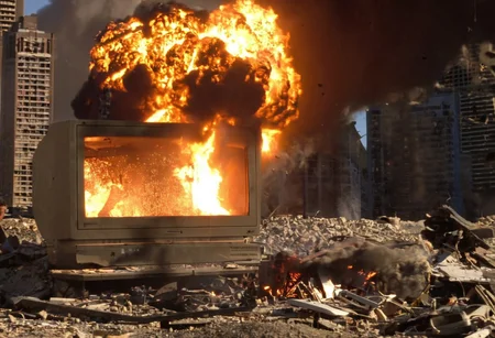 (text: "Everything's Fine!"). Niko Bellic is operating a computer, (It says "404" on the screen:1.5), A blown-up computer on a desk,  Ruined Keyboard, Ruined Mouse, Ruined Monitor, Fire, thunder and lightning,smoke, the room that exploded, explosion artstyle, close-up, cinemascope, film, lens, cinematic, shown from reverse
