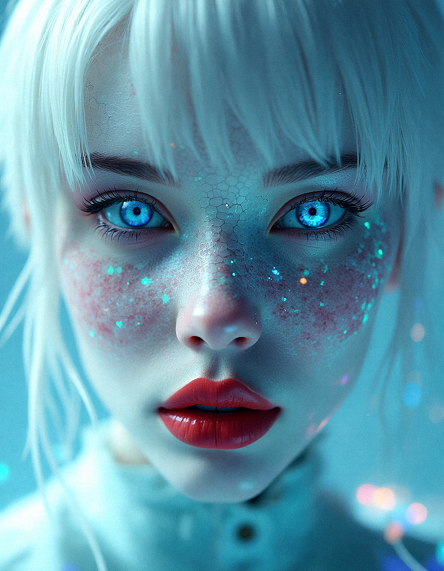 A hyper-realistic close-up of a woman with icy white hair and pale, with hexagon pattern on facial skin. Her eyes are bright blue, almost glowing, with digital patterns reflecting in them. The lighting is surreal, with soft, colorful lights casting abstract patterns on her face. Her lips are a deep red, glossy and perfectly shaped. The background is an abstract, digital landscape, with soft gradients and blurred shapes, creating a dreamy, otherworldly atmosphere.














