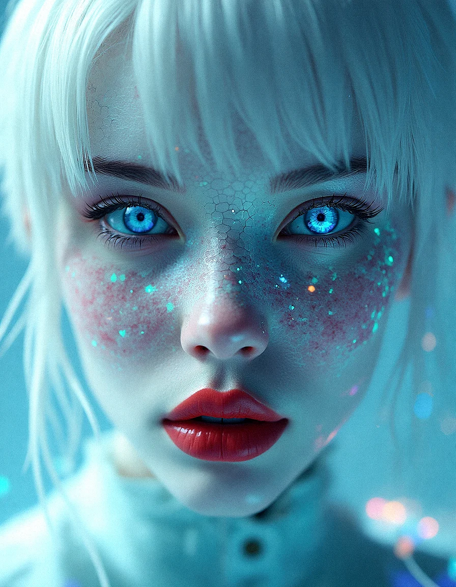 A hyper-realistic close-up of a woman with icy white hair and pale, with hexagon pattern on facial skin. Her eyes are bright blue, almost glowing, with digital patterns reflecting in them. The lighting is surreal, with soft, colorful lights casting abstract patterns on her face. Her lips are a deep red, glossy and perfectly shaped. The background is an abstract, digital landscape, with soft gradients and blurred shapes, creating a dreamy, otherworldly atmosphere.