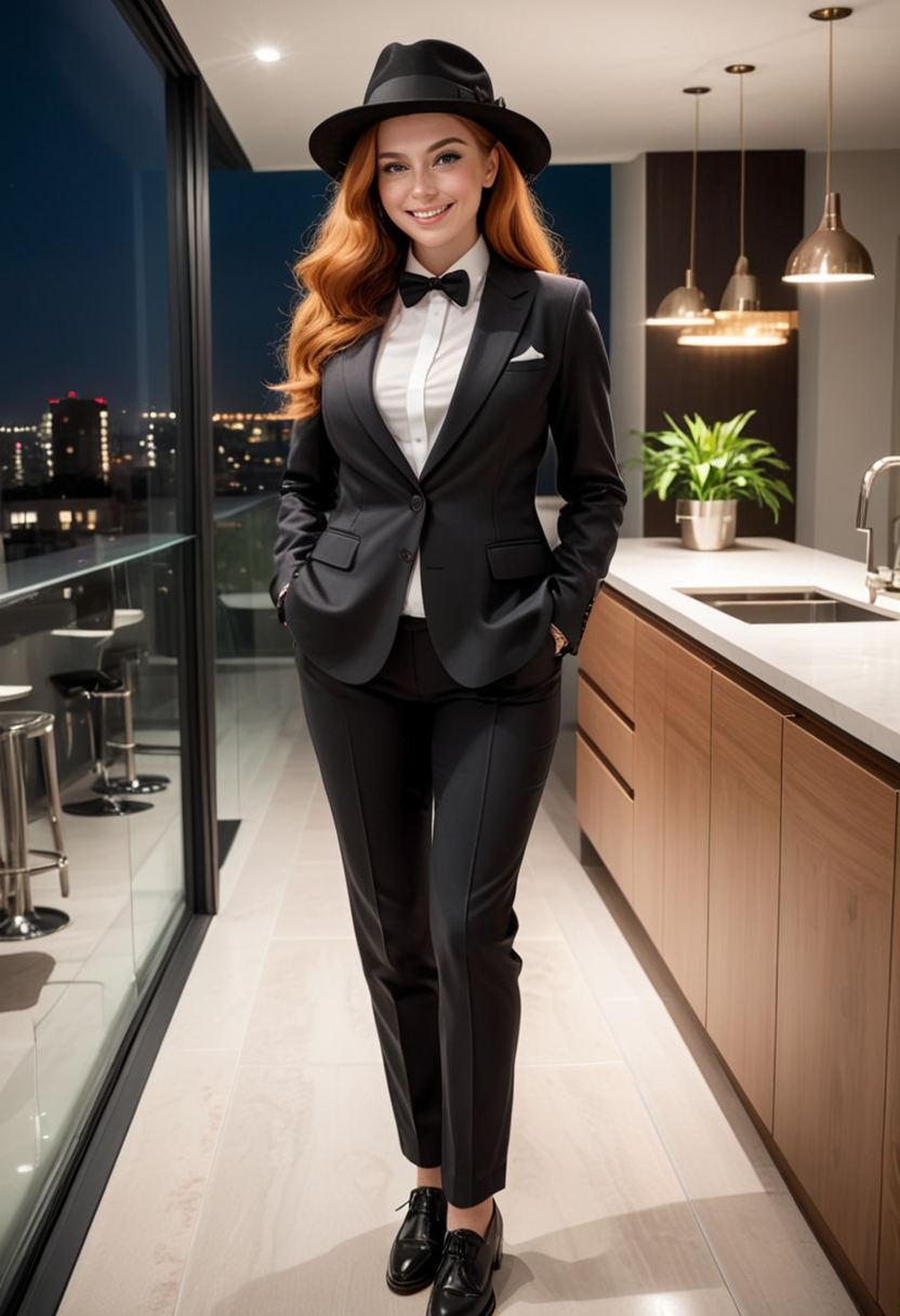 (medium full shot) of (polished dapper young gentlewoman, busty build, long ginger hair), brazilian, tan skin, brown eyes, wearing a fedora, black linen suit with sophisticated detailing, chukka boots with polished finish, bow tie, designer wristwatch tie clip, set in  a luxurious modern penthouse, featuring a state-of-the-art kitchen, a plush area rug, an open-plan living space, a glass balcony railing , at night, woman smiling, ,Masterpiece,best quality, raw photo, realistic, very aesthetic