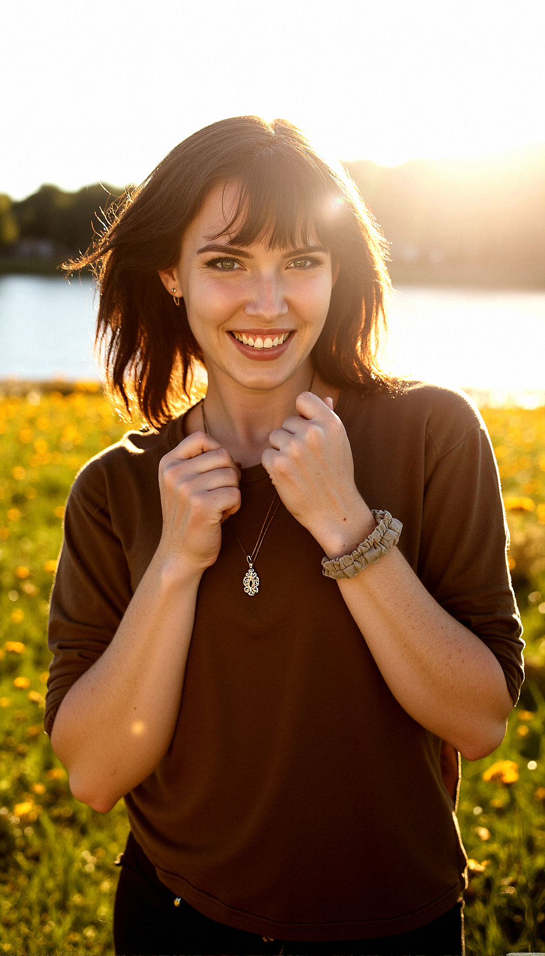 Extremely realistic depiction of a 20 years old beautiful woman,   on a grassland,full of small flowers, wearing casual shirt , simple necklace, ear piercing, nose piercing wrist scrunchie, medium hair,  brown wavy hair , asymmetrical bangs,  long fingernails, nail polish,  slightly tanned skin, smiling warmly, outdoors, sunny morning,lens flare,  serene lake, sunrise, intricate details, vibrant colors,   Dynamic Shadows,  
Soft Eyebrow Definition, Glossy Eyes, the Character with mouth open, fists raised, looking determined.

The atmosphere is calm and reflective, with the autumnal colors contributing to a nostalgic, peaceful mood. The light is soft, with long shadows suggesting the time is either early morning or late afternoon, further enhancing the tranquil vibe.



