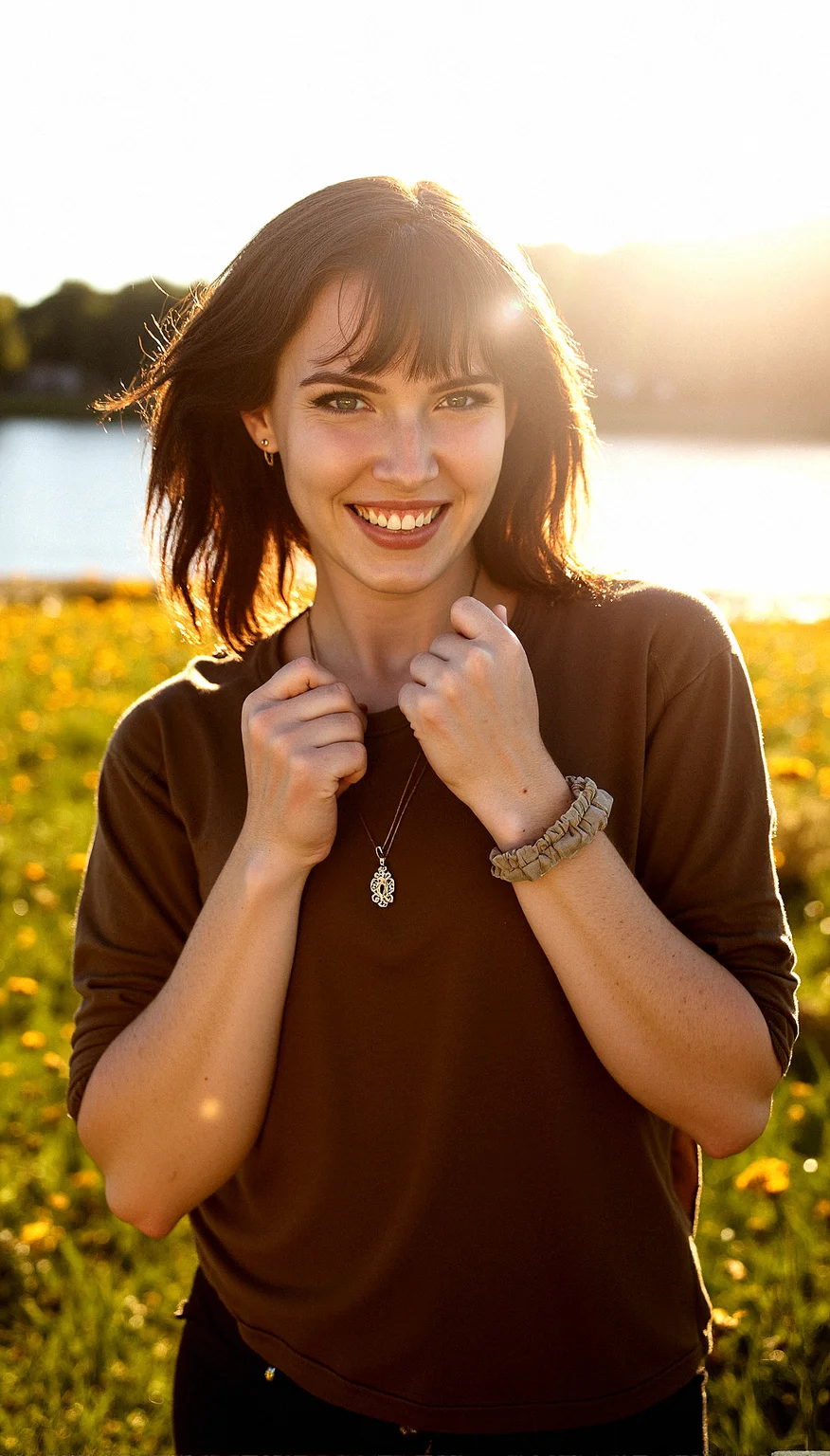 Extremely realistic depiction of a 20 years old beautiful woman,   on a grassland,full of small flowers, wearing casual shirt , simple necklace, ear piercing, nose piercing wrist scrunchie, medium hair,  brown wavy hair , asymmetrical bangs,  long fingernails, nail polish,  slightly tanned skin, smiling warmly, outdoors, sunny morning,lens flare,  serene lake, sunrise, intricate details, vibrant colors,   Dynamic Shadows,  
Soft Eyebrow Definition, Glossy Eyes, the Character with mouth open, fists raised, looking determined.

The atmosphere is calm and reflective, with the autumnal colors contributing to a nostalgic, peaceful mood. The light is soft, with long shadows suggesting the time is either early morning or late afternoon, further enhancing the tranquil vibe.




