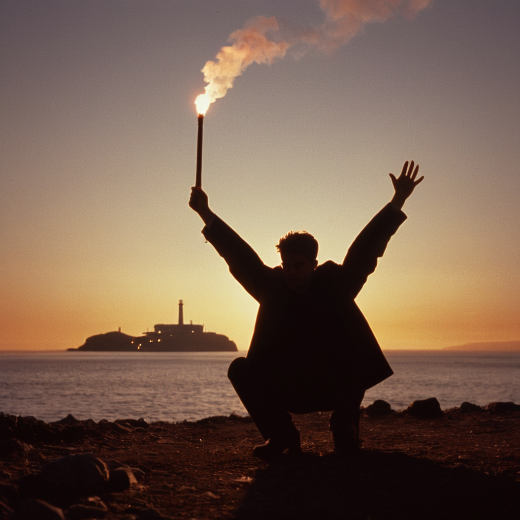 cinematic film still of  <lora:1990's style:1>
In the 1990's a silhouette man kneeling on ground from behind holding two flare lights in his outstretched hands up in sky in a scene from alcatraz island movie,solo,1boy,holding,male focus,outdoors,sky,cloud,ocean,scenery,sunset,horizon,silhouette,torch , realistic,realism, detailed, perfection,perfect,filmic,retro,vintage,classic,different haircut,different look,different style,different people, 1990's style , 1990 style, shallow depth of field, vignette, highly detailed, high budget, bokeh, cinemascope, moody, epic, gorgeous, film grain, grainy