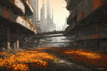 masterpiece, overgrown brutalism, Hazelnut glow, Rust Orange flowers, glowing flowers,(a cyberpunk  town  in the style of a mix of utopian and sci-fi , science fiction with smooth detail in the style of John Harris ,), <lora:Overgrown_Brutalism_SDXL:1>