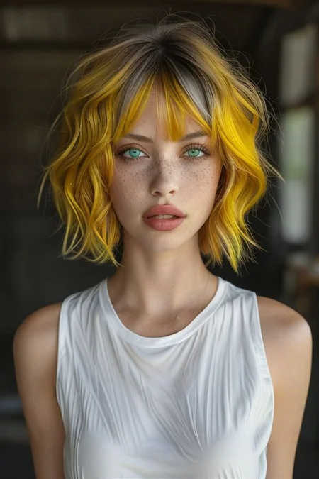 1girl,solo,bellissima,breasts,looking at viewer, short hair,bangs,yellow hair, simple background,shirt,green eyes,upper body,parted lips,teeth,sleeveless,grey background,lips,eyelashes,sleeveless, yellow shirt, freckles, shirt, realistic