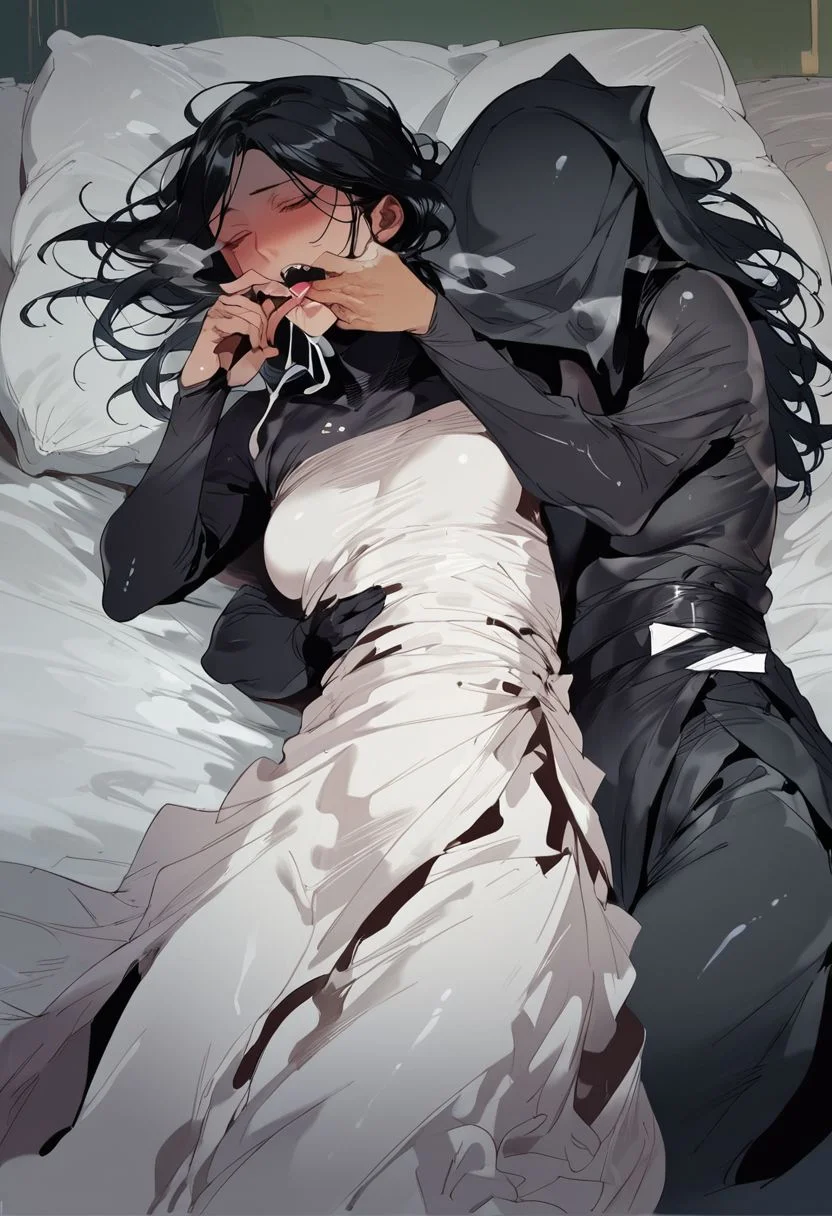 score_9, score_8_up, score_7_up, score_6_up, score_5_up, score_4_up, night, ((white bed)), (((bedroom))), ((young)), ((young body)), ((petite)), ((short)), (impact effect), (motion blur), (breath), (((((1girl))))), ((mouth poison liquid)), (((finger in the mouth by black bodysuit))), lying down, sleep face, ((((chloro)))), black hood, black skin, black face, black mask
yyjytjr856856356sd73, black hair, (((white victoria dress))), (((white royal dress)))