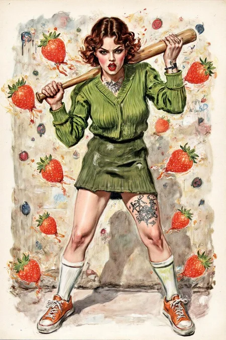 jamesmontgomeryflagg1 illustration.
liquid splash, cartoonish juicy fruits chaos, dynamic pose, dynamic camera, a fashion shoot, an illustration of a woman threateningly holding a baseball bat in her hands, full body tattoo, wearing green short sweater, miniskirt, knee socks, orange sneakers, aggressive facial expression, wall with graffiti in the background. <lora:jamesmontgomeryflagg1_cap_d8a4e12:1.0><lora:859132497223492918:0>
