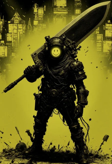 enistyle, a cyber information scout dressed in dark mechanical armor, equipped with advanced visual devices that cover the face with a glowing display - an ascii art smiley face is visible on the screen. Holding a comically giant sword. The bleaked yellow and black background accentuates the silhouette of the scout, with detailed gear and wires extending from the armor, blending seamlessly with the surrounding. The overall style exudes a futuristic and tech-driven atmosphere.
