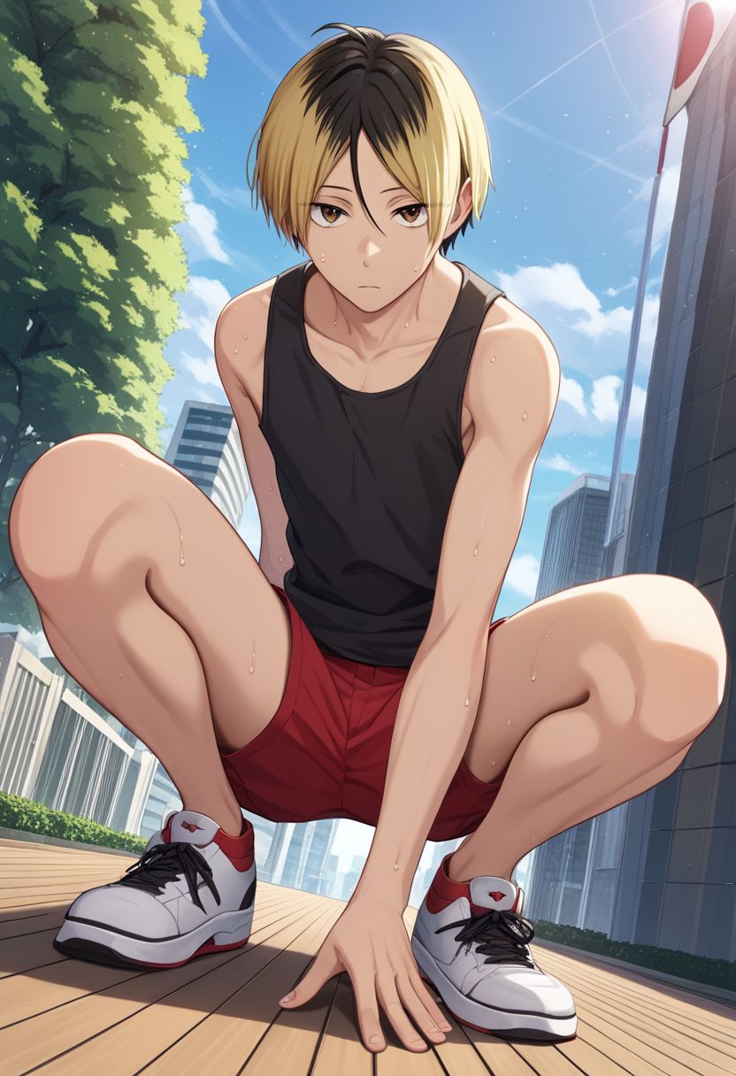 score_9, score_8_up, score_7_up, (1boy, solo), male focus, (slim), kenma, blonde hair, multicolored hair, two-tone hair, black hair, brown eyes, bangs, clavicles, black shirt, tank top, sleeveless, red shorts, short shorts, crouching, derpibooru_p_95, detailed eyes, Dutch angle, looking down at viewer, rating_explicit, yaoi, sexually suggestive, intricate detail, masterpiece, best quality, best aesthetic, short height, petite, otoko no ko, source_anime, bare legs, thick thighs, wooden floor, from below, cat, outdoors, city, sidewalk, Japan, Tokyo, cherry blossom, white sneakers, tired, exhausted, sweat,wiping sweat, wiping brow, hand on forehead,