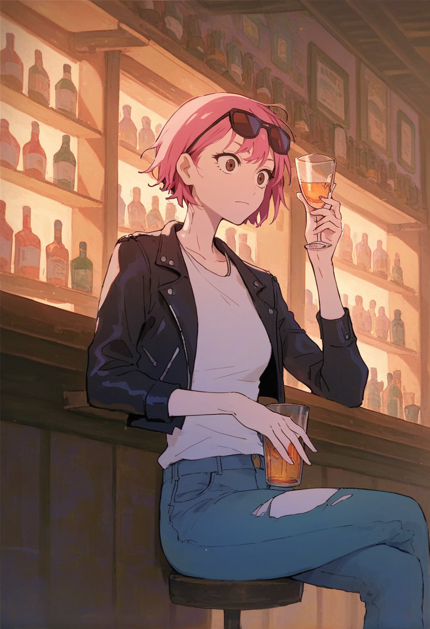 score_9, score_8_up, score_8,
 <lora:Tora_Kororon_for_PonyXL:0.8> 1girl, t0ra, pink hair, short hair, solo, brown eyes
sitting in bar, leather jacket, white shirt, torn jeans, sunglasses on head, holding shot glass,