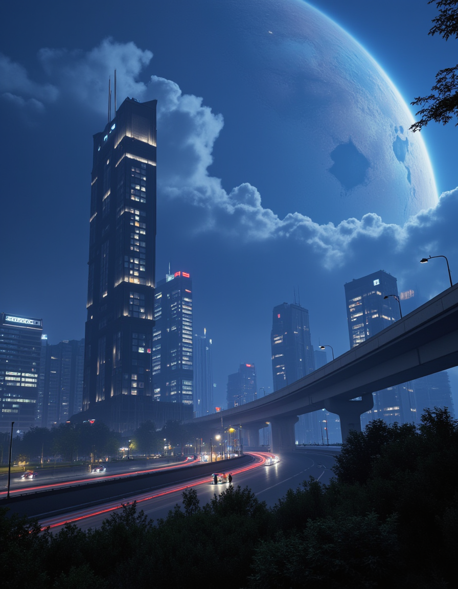 <lora:City_Worlds_01_Effects_fluxc:1> photo, ambiance, blue, buildings under highway, car light trails, city lights, citybkg, clouds, cyberpunk, day, detailed, enormous, epic, epic scale, fantasy, futuristic, hid16, high buildings, high buildings in the background, highway markings, illuminated, low buildings, mist, night, partial view of a huge planet in the far background, people, phot32, phot6, rich detailed sky, se14, shore, t3, t7, vegetation