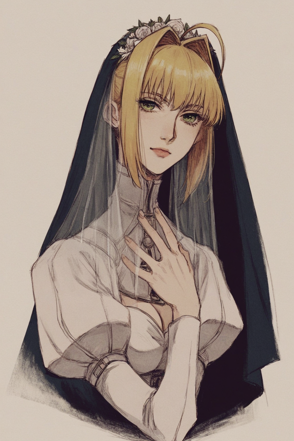 score_9, score_8_up, score_7_up, nero claudius \(bride\) \(fate\), solo, solo focus, portrait, black background,simple background, dark , Sitting with legs crossed and hands in prayer position BREAK p65fn <lora:ruffct:0.8>