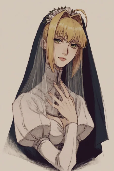 score_9, score_8_up, score_7_up, nero claudius \(bride\) \(fate\), solo, solo focus, portrait, black background,simple background, dark , Sitting with legs crossed and hands in prayer position BREAK p65fn <lora:ruffct:0.8>
