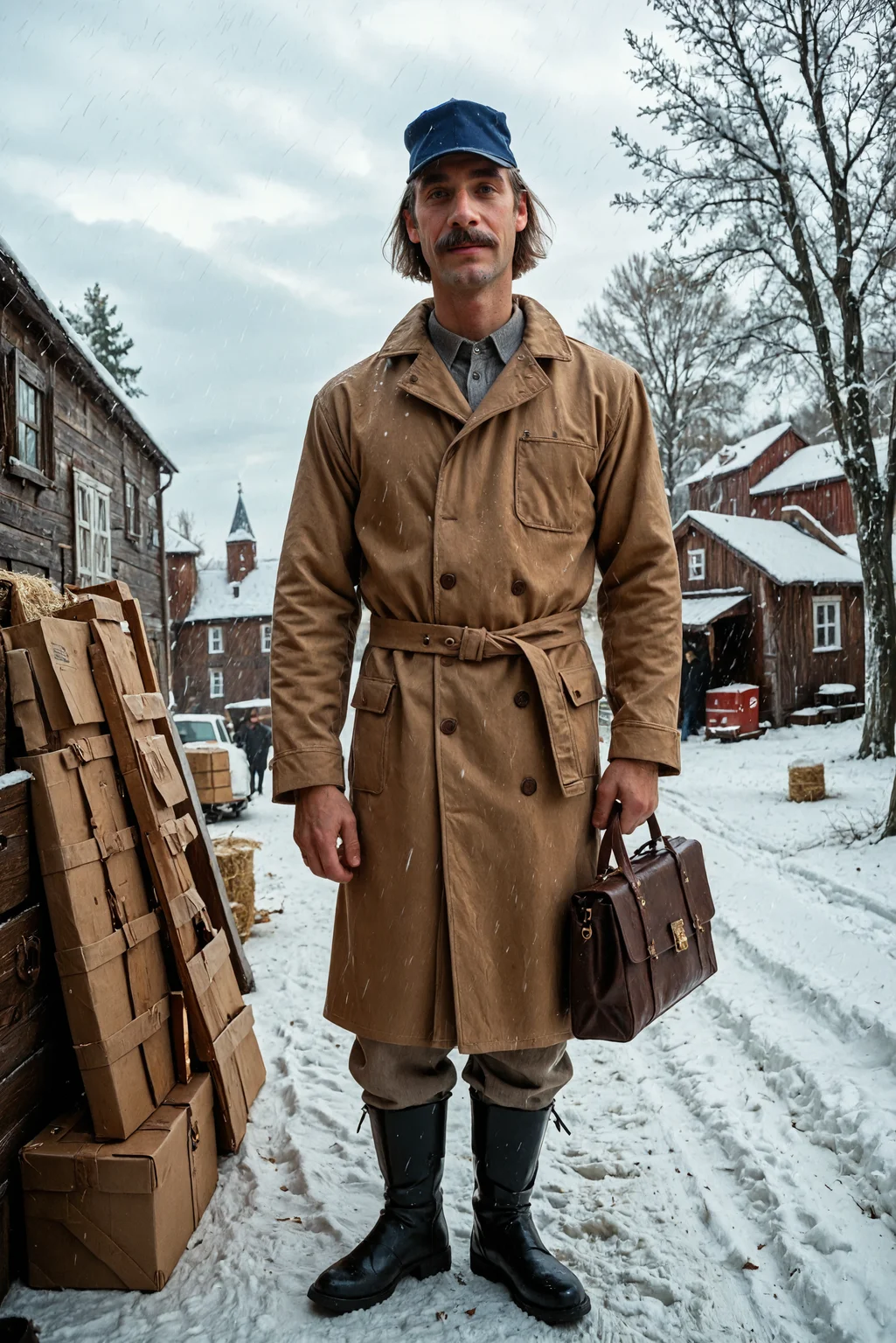 Score_9_up, Score_8_up, Score_7_up, ((Masterpiece, Best_Quality, Highest_Resolution, (Skindentation), Extremely_Detailed, Detailed_eyes)),
pechkin, adult male, prostokvashino, mustache, short gray hair, postman cap, pants, gray shirt, black boots, brown rain coat, postman bag,
village, farm, russia, walking, winter,