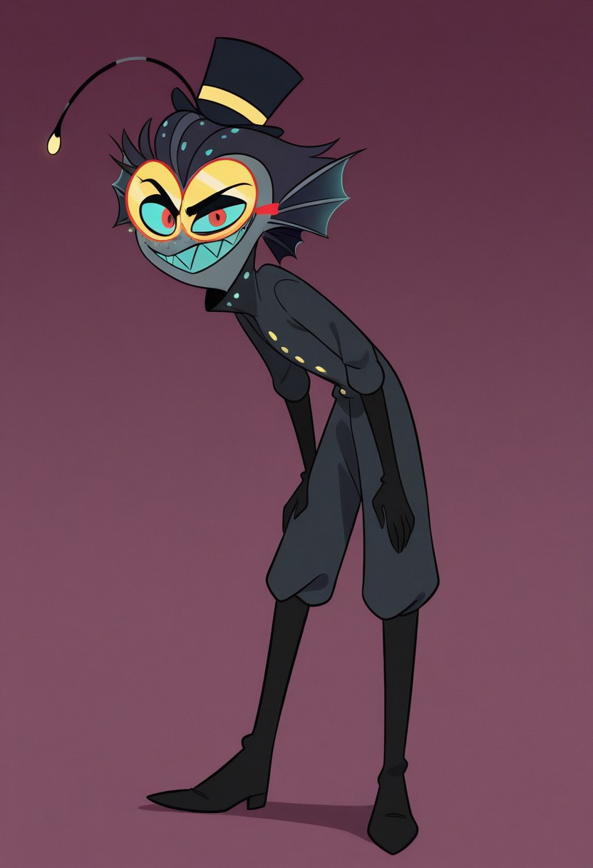 baxter, hazbin hotel, fish, anthro, 2D, flat colors, blue sclera, red eyes, yellow glasses, fins, teal skin, anglerfish light, sharp teeth, blue teeth, black jumpsuit, freckles, yellow buttons, 1boy, male, top hat, looking at viewer, grin, standing, black gloves, full body, black boots, best quality, perfect, masterpiece, absurd res, 4K,