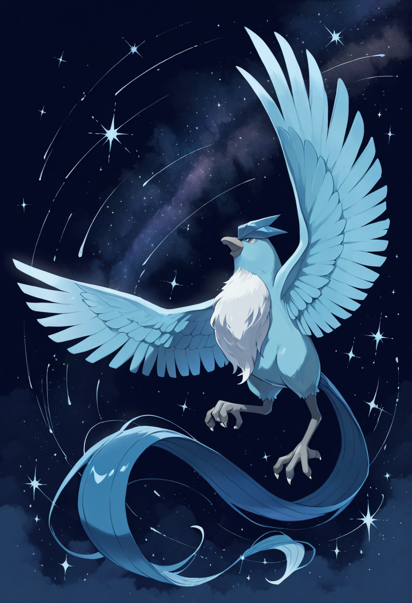 masterpiece, best quality, no humans,   zzArticuno, full body, sky, sparkle, star (sky)  ,<lora:ArticunoPokedex_IXL:1.0>,
