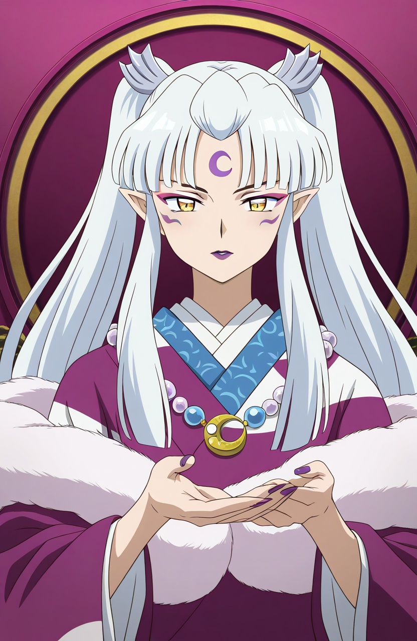 general,highres, ultra-detailed,very aesthetic,best quality ,best hands,  BREAK  <lora:Sesshomaru_no_Haha_IS:1>
Sesshomaru_no_Haha,pointy ears, japanese clothes, 1girl,solo, facial mark, kimono, white hair, long hair, 
yellow eyes, makeup, lipstick, forehead mark, crescent, necklace, fur, jewelry, purple lips, ponytail, twintails, fur trim, anime coloring, hair ornament, wide sleeves