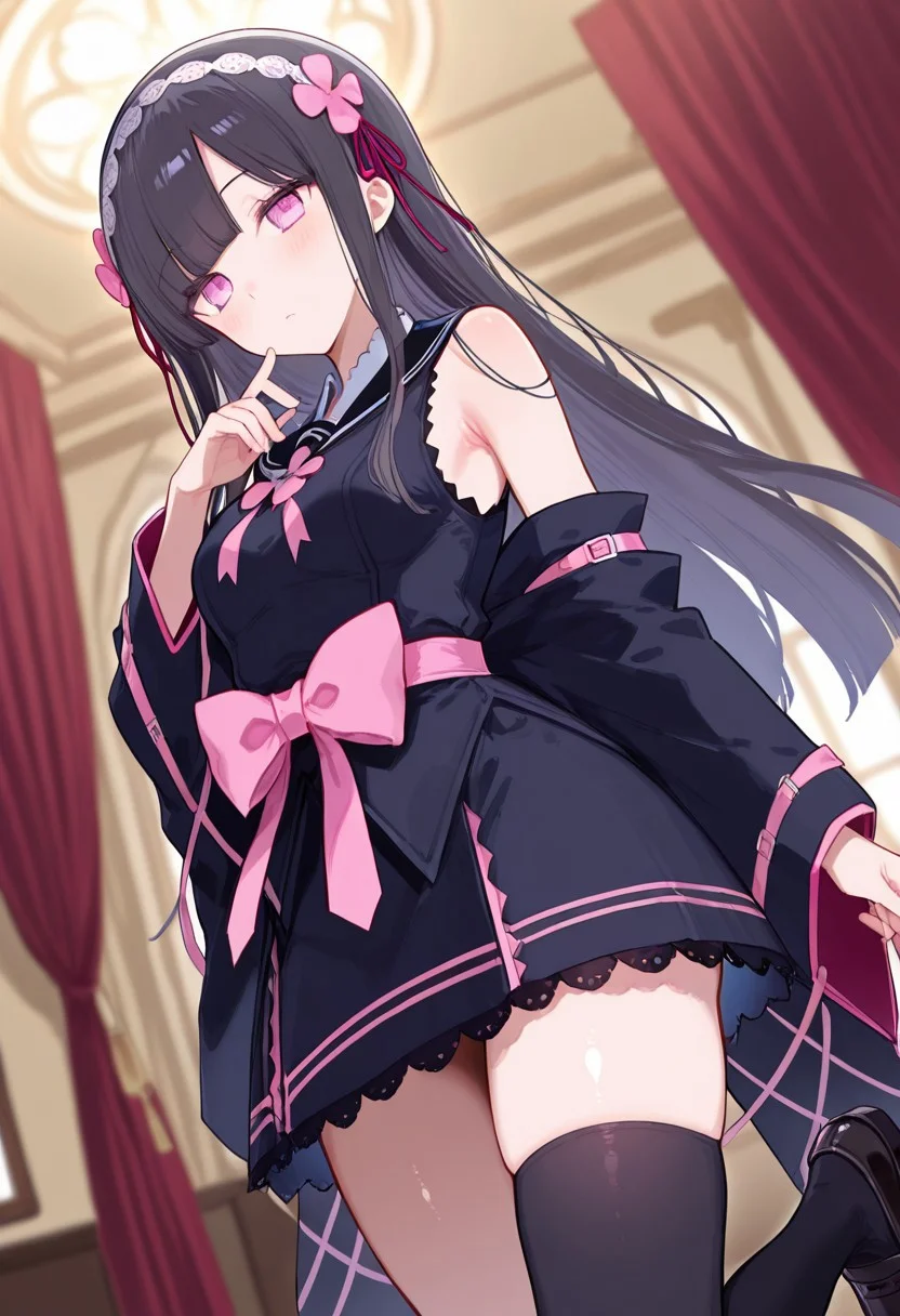 masterpiece, best quality, amazing quality, very aesthetic, high resolution, ultra-detailed, absurdres, newest, scenery,(depth of field:1.5),
(super fine illustration,professional quality,ultra high res), beautiful detailed eyes,
break
(SFW),
suishinshi_masahide(tkhk),
dark gray hair, long hair, blunt bangs, swept bangs, pink eyes,
lace hairband,
off shoulder serafuku, bare shoulders, armpits,
detached sleeves, wide sleeves, sleeve belt,
pink ribbon, waist bow, lace-trimmed skirt, mini skirt,
asymmetrical legwear, single thighhigh, ribbon thighhigh, single kneehigh,
black loafers, bow loafers,
1girl, SOLO,
medium breasts, shiny skin,
short,slim body,
expressionless , blush,
(Inside the Palace-style bedroom:1.2),
(dutch angle:1.2), (cowboy shot:1.2),