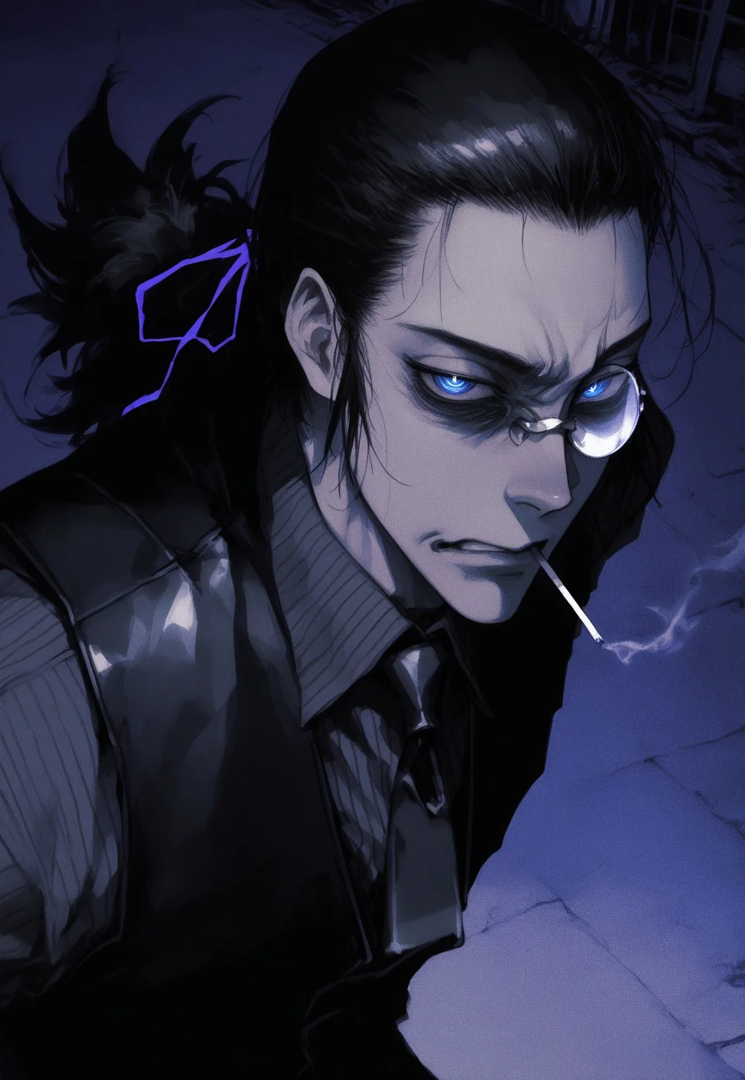 (by maegami /(daisuki oekaki1/):1.3), (by 96yottea:1.1), painterly, (by misawa hiroshi:0.8), film grain, cinematic, (limited palette:1.2), realistic, nose,
masterpiece, best quality, amazing quality, very aesthetic,
looking at viewer, staring, (disgust:1.2), DarkWalter, solo, 1boy, male focus, black hair, ponytail, hair pulled back, hair ribbon, blue eyes, monocle, round eyewear, black pinstripe shirt, black vest, black necktie, close-up, perspective, :|, mouth hold cigarette, smoking, smoke, half-closed eyes, + +, detailed background, outdoors, night, (dark glowing violet theme:1.2),
<lora:nhl-001-20:0.75> nhl-001