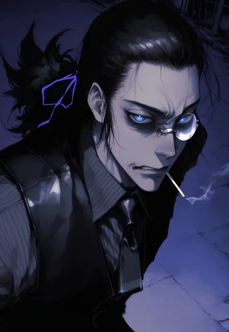 (by maegami /(daisuki oekaki1/):1.3), (by 96yottea:1.1), painterly, (by misawa hiroshi:0.8), film grain, cinematic, (limited palette:1.2), realistic, nose,
masterpiece, best quality, amazing quality, very aesthetic,
looking at viewer, staring, (disgust:1.2), DarkWalter, solo, 1boy, male focus, black hair, ponytail, hair pulled back, hair ribbon, blue eyes, monocle, round eyewear, black pinstripe shirt, black vest, black necktie, close-up, perspective, :|, mouth hold cigarette, smoking, smoke, half-closed eyes, + +, detailed background, outdoors, night, (dark glowing violet theme:1.2),
<lora:nhl-001-20:0.75> nhl-001