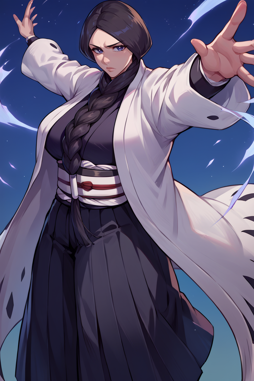 score_9, score_8_up, score_7_up, score_6_up, source_anime, BREAK 1girl, solo, <lora:unohanaretsu-pdxl-nvwls-v1-000004:1> unohana retsu, single braid, white coat, black kimono, black skirt, hakama skirt, big breasts, outstretched arms, serious, looking at you, standing, night sky