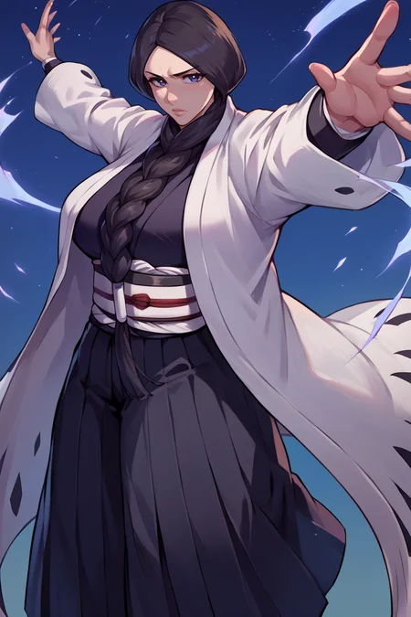 score_9, score_8_up, score_7_up, score_6_up, source_anime, BREAK 1girl, solo, <lora:unohanaretsu-pdxl-nvwls-v1-000004:1> unohana retsu, single braid, white coat, black kimono, black skirt, hakama skirt, big breasts, outstretched arms, serious, looking at you, standing, night sky