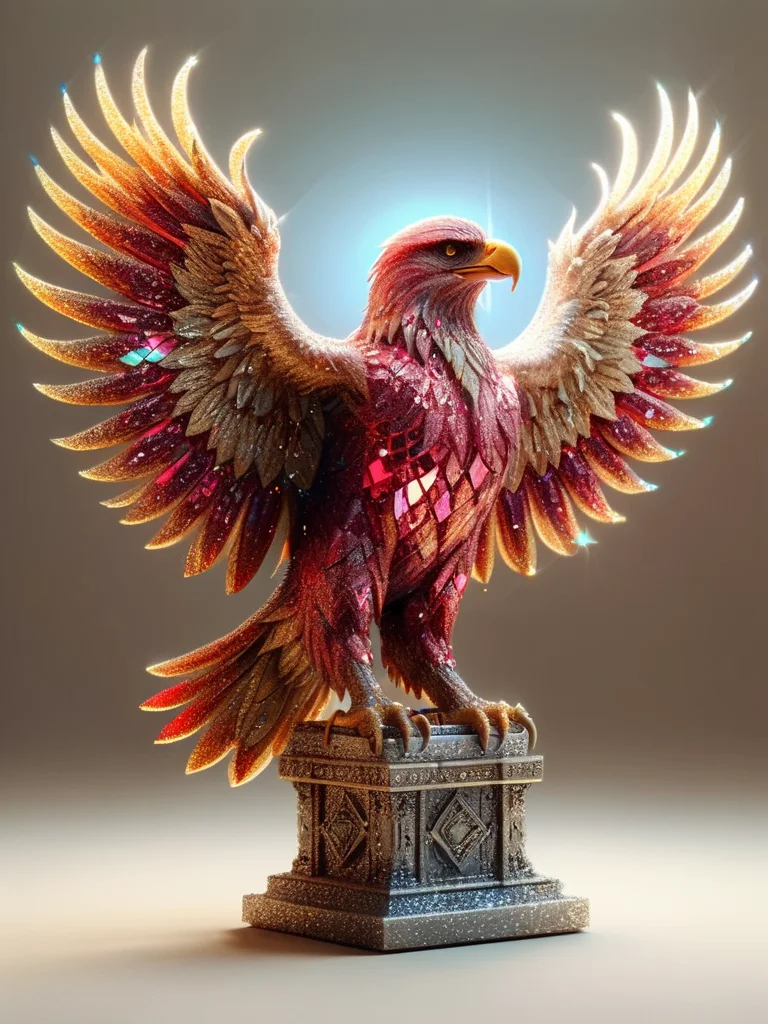 statue made of glowing crystal tiles,eagle made completely of tiles, scifi, masterpiece, 3d tiles, 3d shadows, neon red,gold, neon yellow background , (masterpiece:1.2), best quality, (hyperdetailed, highest detailed:1.2), high resolution textures, shards, glass, brocken glass, transparent glass, pieces of glass, <lora:ral-glitter:1> ral-glitter