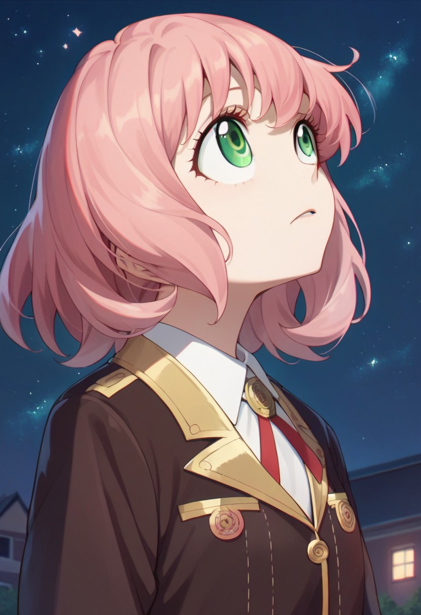 score_9, score_8_up, score_7_up, source_anime, anya forger, pink hair, green eyes, medium hair, 1girl, eden academy school uniform, solo, school uniform, sky, night, star (sky), night sky, looking up