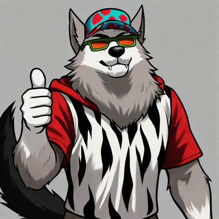 ( masterpiece,best quality,amazing quality,very aesthetic,absurdres,newest, huge filesize, absurd res:1.2), 
Illustration, detailed painting, oil painting, 
solo male, wolfthorn, wolf, hat, sunglasses, hooded shirt, upper body, thumbs up, simple background,