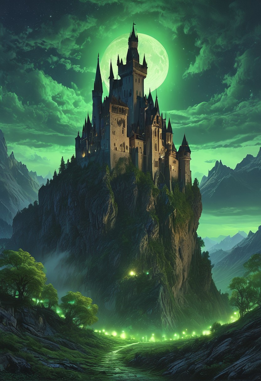 A captivating night scene illustration featuring a forboding and haunted castle on a great  great mountain. The castle and mountain are much like Neuschwanstein Castle in Bavaria.  This enchanting artwork captures a dark and ominous night, where an ominous green moon  hangs above  and over the  tree covered mountain and range and castle which  stands resolute amidst the great mountains, the moon bathes the are in a sickly green light,  The lights from the castle cast an ominous green light and glow,  creating a cinematic experience., illustration, cinematic
<lora:DonM3t3rn1tyXL-v1.1:0.7>, DonM3t3rn1tyXL,
OverallDetailXL  <lora:MJ52:0.3>  <lora:SDXLFaeTastic2400:0.4>  <lora:EpicF4nta5yXL:0.7>