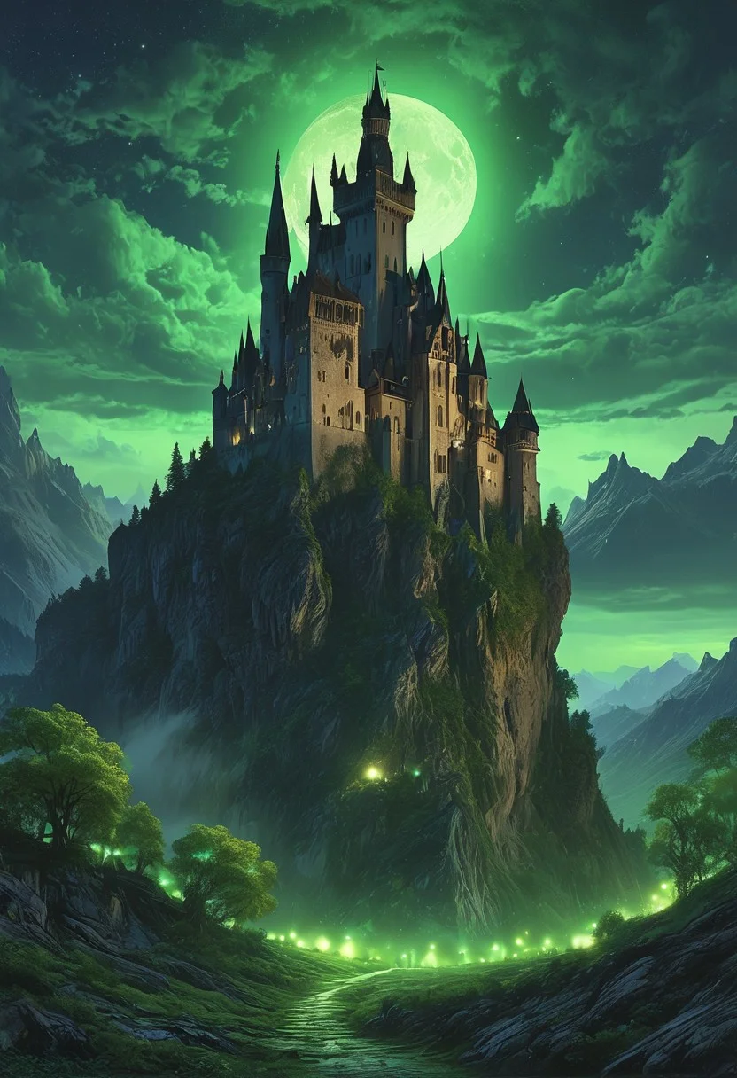 A captivating night scene illustration featuring a forboding and haunted castle on a great great mountain. The castle and mountain are much like Neuschwanstein Castle in Bavaria. This enchanting artwork captures a dark and ominous night, where an ominous green moon hangs above and over the tree covered mountain and range and castle which stands resolute amidst the great mountains, the moon bathes the are in a sickly green light, The lights from the castle cast an ominous green light and glow, creating a cinematic experience., illustration, cinematic
<lora:DonM3t3rn1tyXL-v1.1:0.7>, DonM3t3rn1tyXL,
OverallDetailXL <lora:MJ52:0.3> <lora:SDXLFaeTastic2400:0.4> <lora:EpicF4nta5yXL:0.7>
