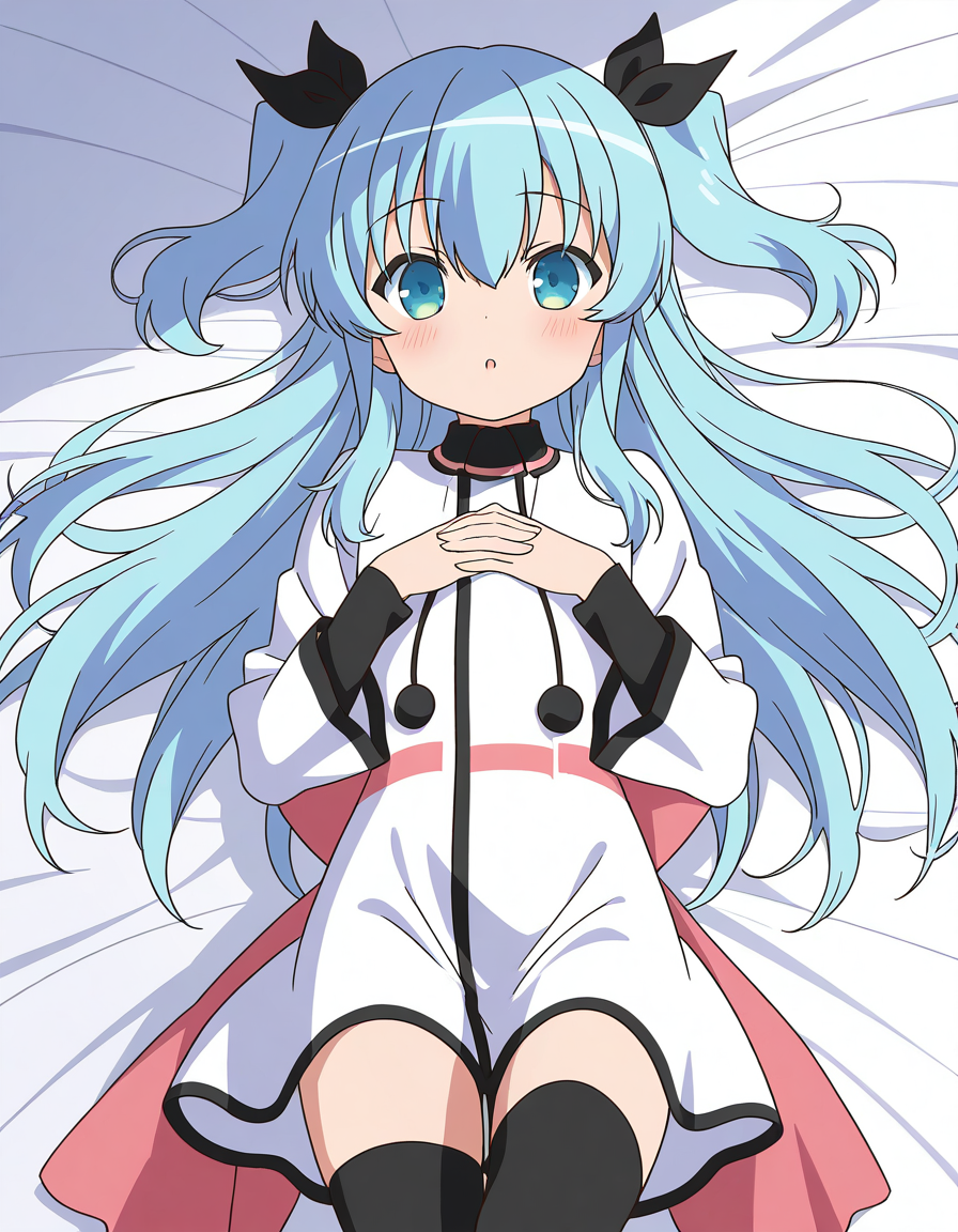 general,highres, ultra-detailed,very aesthetic,best quality ,best hands,  BREAK,  <lora:Noel_IS:1>
Noel, 1girl,solo, long hair, blue hair, two side up, blue eyes, hair ribbon, black ribbon,bangs, 2020s (style), anime coloring,
 thighhighs, dress, white dress, black thighhighs, lying, on back, long sleeves, looking at viewer, bed sheet, blush, own hands together, black ribbon, hair between eyes, very long hair, parted lips, :o,