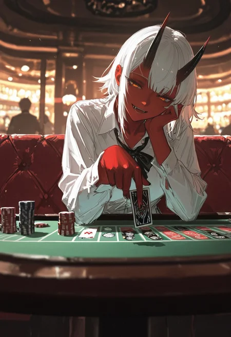 <lora:nhl-003-wai-15:0.7> nhl-003
(guweiz, konya karasue, dino \(dinoartforame\):1.2), film grain, (cinematic:1.3), textured sketch,
BREAK
sexy, slutty, hot, aroused,
Aka-Oni, oni, colored skin, red skin, smooth horns, black horns
BREAK
(EyesHD:1.2), (4k,8k,Ultra HD), masterpiece, best quality, ultra-detailed, very aesthetic, sharp focus, depth of field, ray tracing, best lighting, detailed illustration, detailed background, cinematic, beautiful face, beautiful eyes,
BREAK
detailed background, eyelashes, erotic, looking seductive, coy. dynamic action image, detailed face, detailed eyes, direct mesmerizing gaze,
BREAK
school uniform.red jacked,white colarred shirt,poker table,seating at red sofa,.playing poker,casino,holding multiple cards,upper body,seating,mischievous smile,shaded face,looking down,confident,,hand on own cheek,three quarter view,soft light,(((soft lighting)))