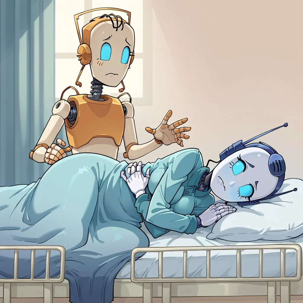 score_8, score_8_up, score_7_up, lo_su_qu,no humans, humanoid robot, standing, frown, looking down, hands up, lying, on side, on bed, under covers, hospital bed, indoors,crossed arms