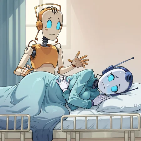 score_8, score_8_up, score_7_up, lo_su_qu,no humans, humanoid robot, standing, frown, looking down, hands up, lying, on side, on bed, under covers, hospital bed, indoors,crossed arms