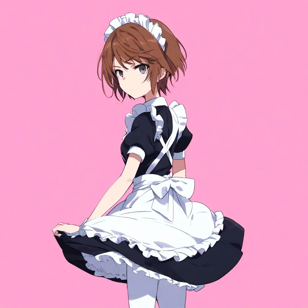 anime coloring, score_9, score_8_up, score_7_up, score_6_up, kinuhata saiai, toaru, 1girl, solo, maid, brown hair, apron, maid headdress, short hair, maid apron, gray eyes, pantyhose, looking at viewer, pink background, frills, dress, white pantyhose, short sleeves