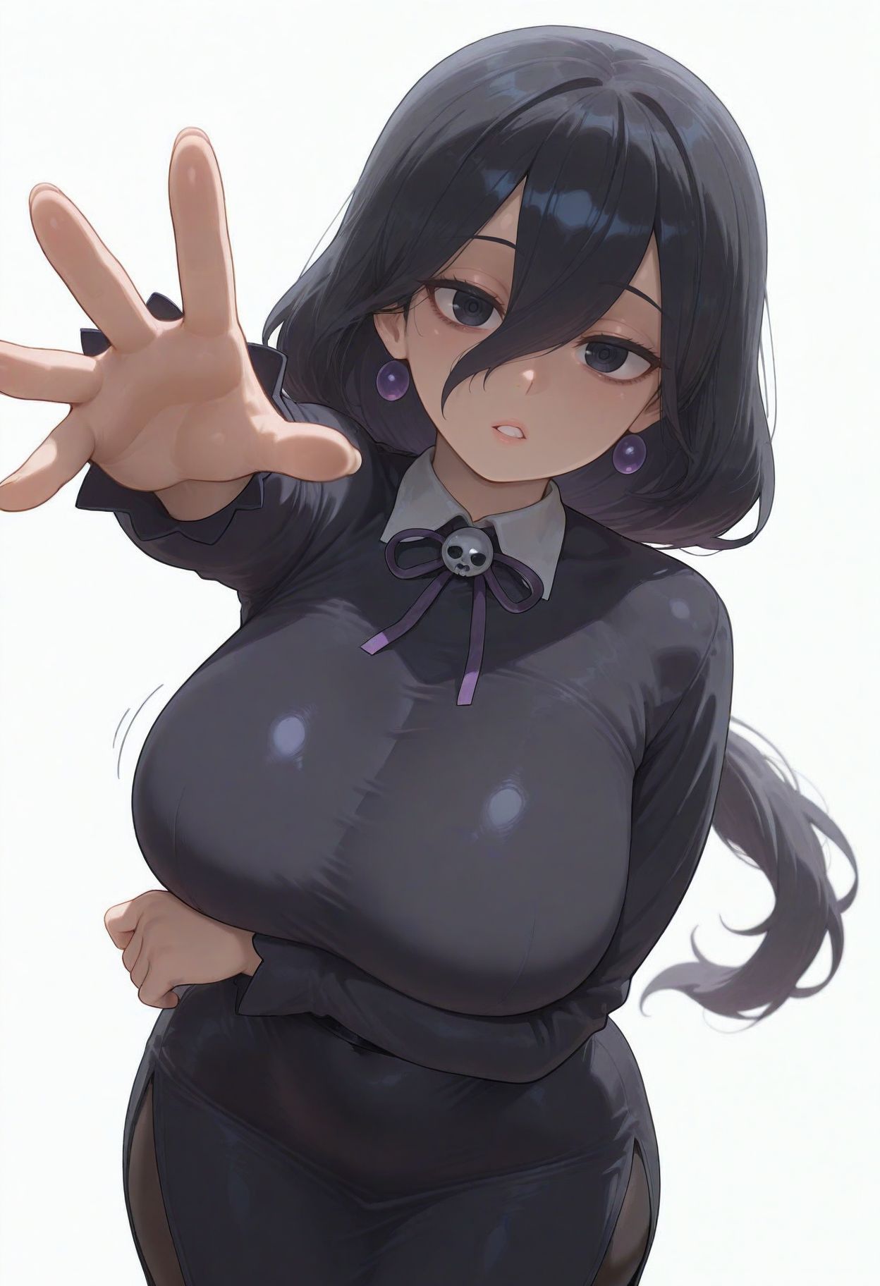 masterpiece,best quality,amazing quality, absurdres,<lora:hex_maniac_pokemon_legends_z-a_ilxl_goofy:1> hex maniac plza, 1girl, arm under breasts, black dress, black eyes, black hair, breasts, collared dress, cowboy shot, dress, earrings, hair between eyes, jewelry, large breasts, long hair, long hair between eyes, long sleeves, looking at viewer, low ponytail, outstretched arm, pantyhose, parted lips, ponytail, reaching, reaching towards viewer, simple background, solo, very long hair, white background