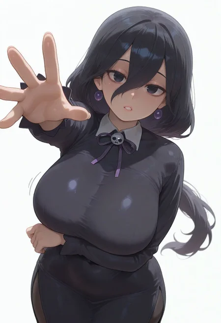 masterpiece,best quality,amazing quality, absurdres,<lora:hex_maniac_pokemon_legends_z-a_ilxl_goofy:1> hex maniac plza, 1girl, arm under breasts, black dress, black eyes, black hair, breasts, collared dress, cowboy shot, dress, earrings, hair between eyes, jewelry, large breasts, long hair, long hair between eyes, long sleeves, looking at viewer, low ponytail, outstretched arm, pantyhose, parted lips, ponytail, reaching, reaching towards viewer, simple background, solo, very long hair, white background