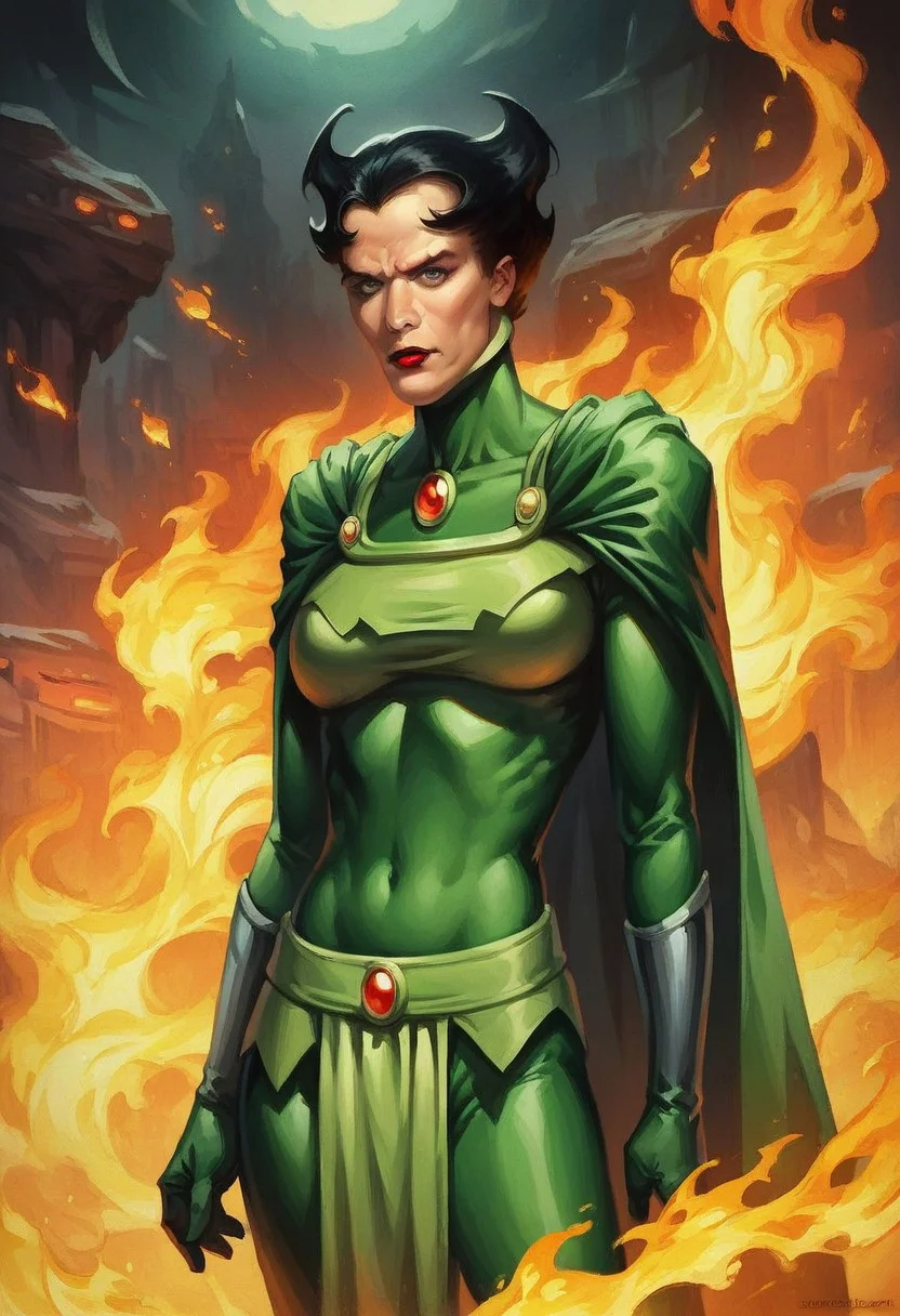 score_9_up, score_8_up, score_7_up, score_6_up, score_5_up, 1girl, solo, bernadeth, short black hair, spiked hair, green cape, green bodysuit, red lipstick, sneer, standing proudly, firey science-fiction landscape, , (realistic), (painted art)