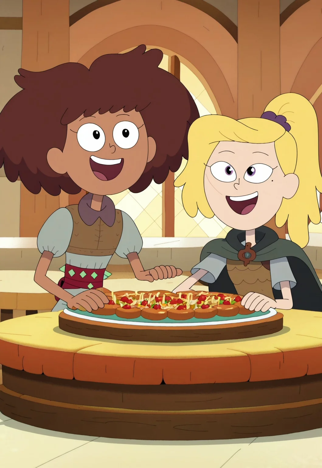 ((score_9)), SHAMPSTYLE, 2girls, CHAnneboonchuy, CHSASHAWAYBRIGHT, sitting at medieval table, happy, food on table