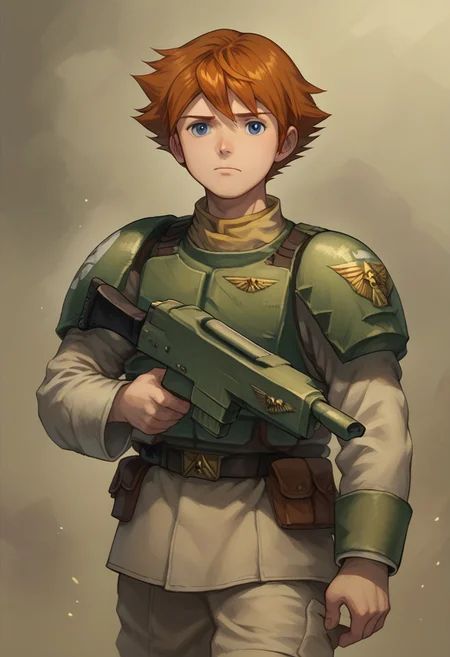 score_9, score_8_up, score_7_up, 1boy,solo, CThorndyke, 1boy, solo, brown hair, blue eyes, cadian, astra militarum, holding bolter,