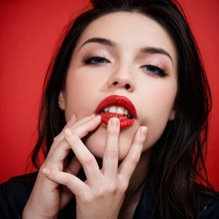 score_9, score_8_up, score_7_up, photograph, 1girl, solo, supermodel, pale skin, detailed, professional photoshoot, cinematic lighting, head out of frame, full red lips, teeth, lipstick, smearing lipstick, simple red background, ((wiping mouth, wiping makeup, wiping with fingers)), Expressiveh